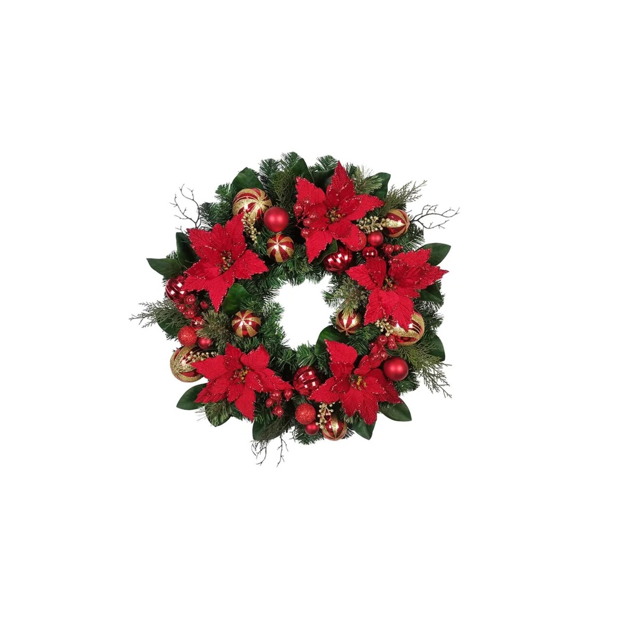 Kurt Adler Poinsettias and Ornaments Artificial Christmas Wreath - 30" - Unlit